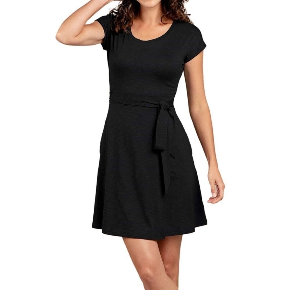 Toad&Co Black Tencel Organic Cotton Tie Scoop Neck Cue Wrap Short Sleeve Dress